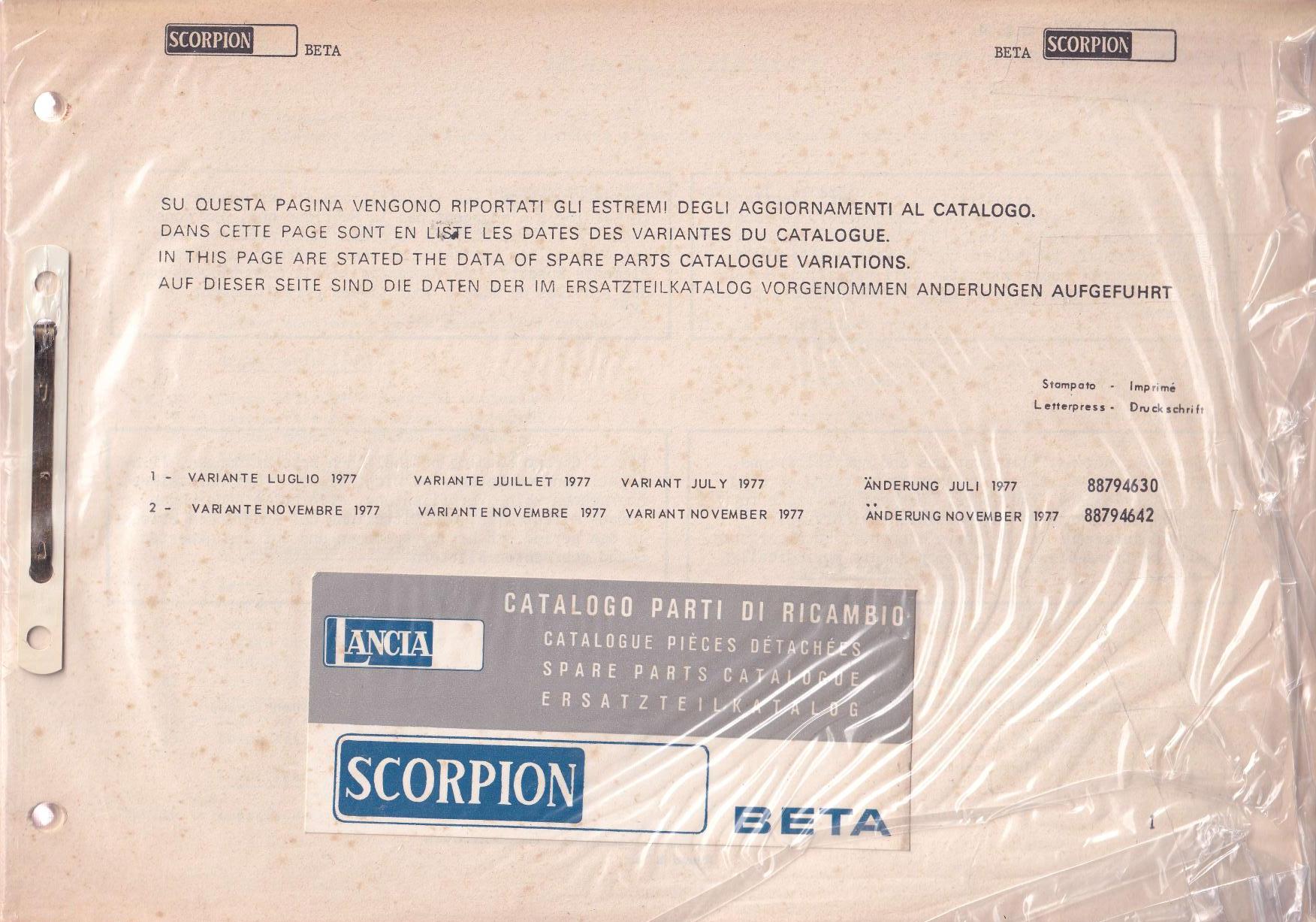 Beta Scorpion - Ersatzteilkatalog - ital., engl., franz. deut. - November 1977